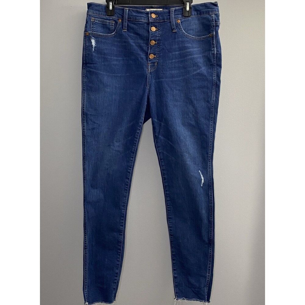 Madewell 10" High-Rise Skinny Jeans Women 32 Blue Button Fly Raw Hem Distressed‎